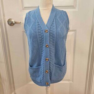 Women's Medium 60s Acrylic Sweater Cardigan Vest Sleeveless Button Up Blue